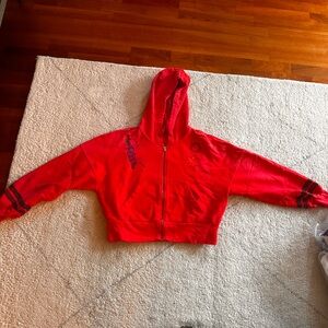 MOTHER Bright Red Fleece Hoodie with Gold Zip